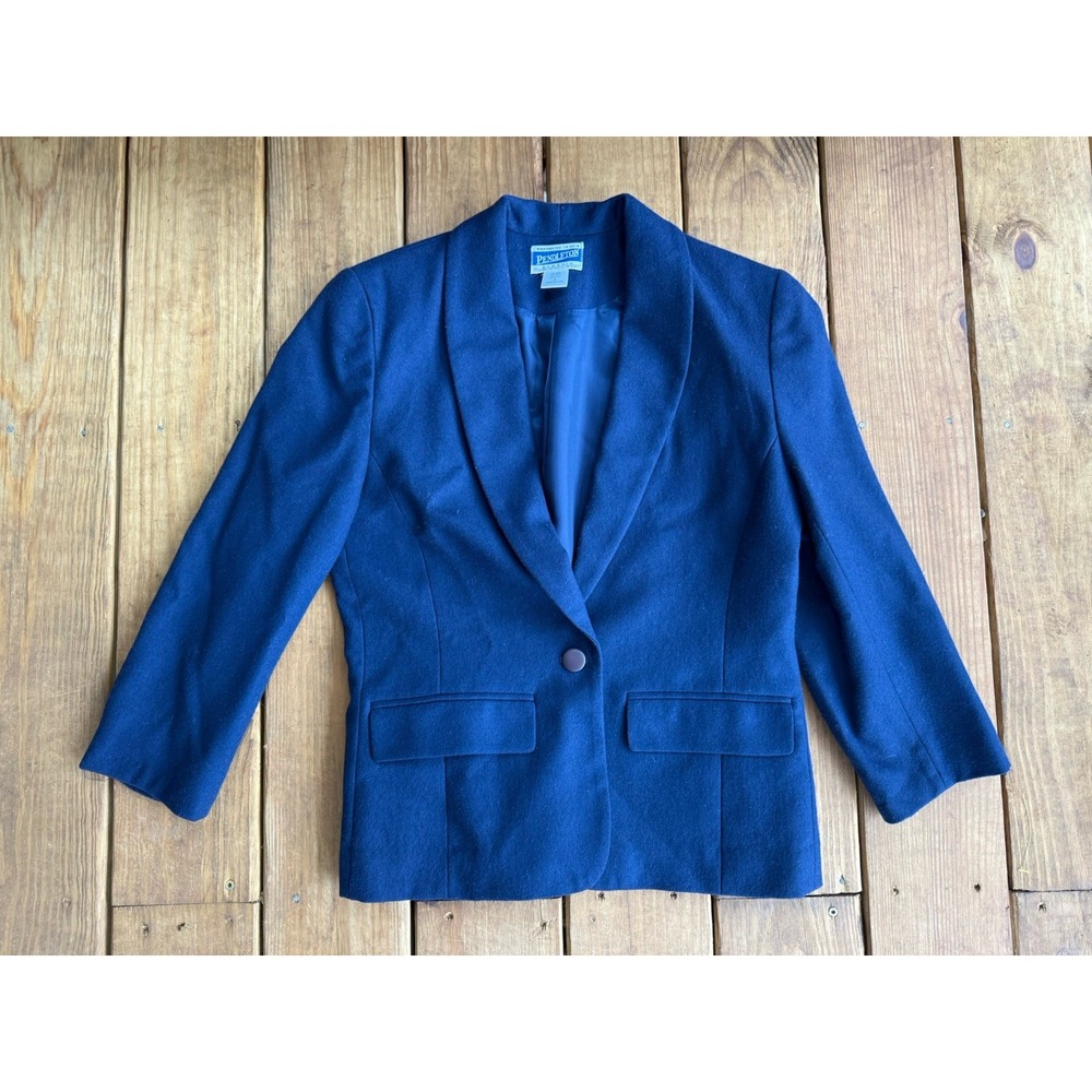 VINTAGE Pendleton 100% Wool Jacket 8 Navy Blue Blazer Ladies 80s Shoulder Pads